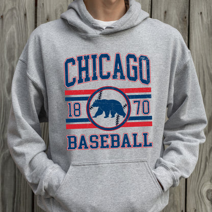 Gray hoodie with 'Chicago Baseball' text and bear logo on a wooden background